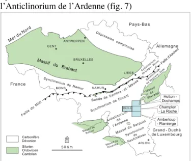 Fig.  7 :  contexte  structural  du  segment  du  bord  sud  du  Synclinorium de Dinant concerné par la carte  Rochefort-Nassogne (59/3-4) et localisation par rapport à la zone de  virgation  de  l’Ourthe  (modifié,  d’après  Dejonghe,  2008b) 