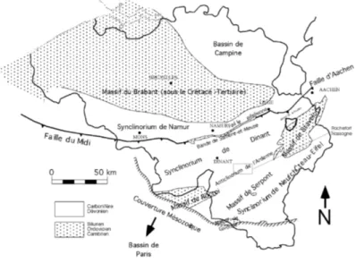 Figure 1: Situation de la carte 59/3-4 dans le cadre géologique  structural de la Belgique.