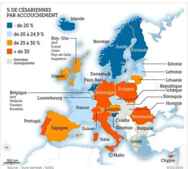Figure B : Pourcentage de césariennes réalisées par chaque pays européen en 2014 