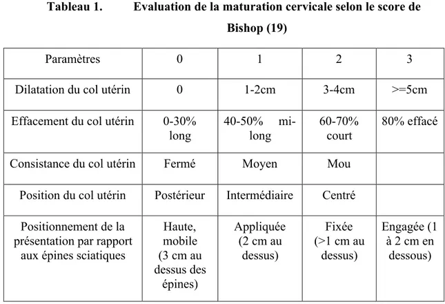 Tableau 1.  Evaluation de la maturation cervicale selon le score de  Bishop (19) 