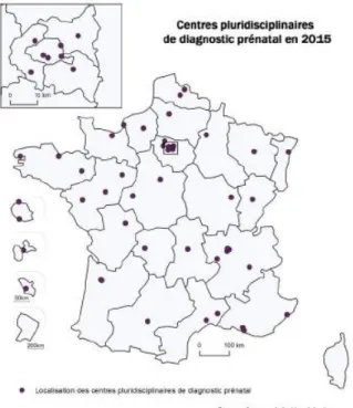 Figure 1 : Répartition sur le territoire des centres pluridisciplinaires de diagnostic prénatal en 2015 (41) 