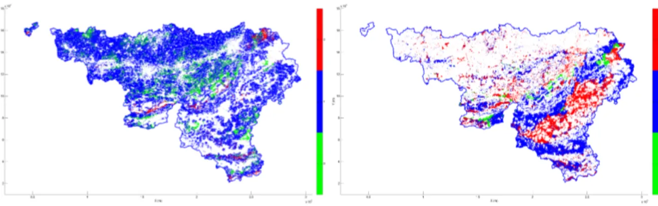 Figure 5: Risk maps at pF 1.8 for a scenario in agricultural land (left) and in forest land (right).