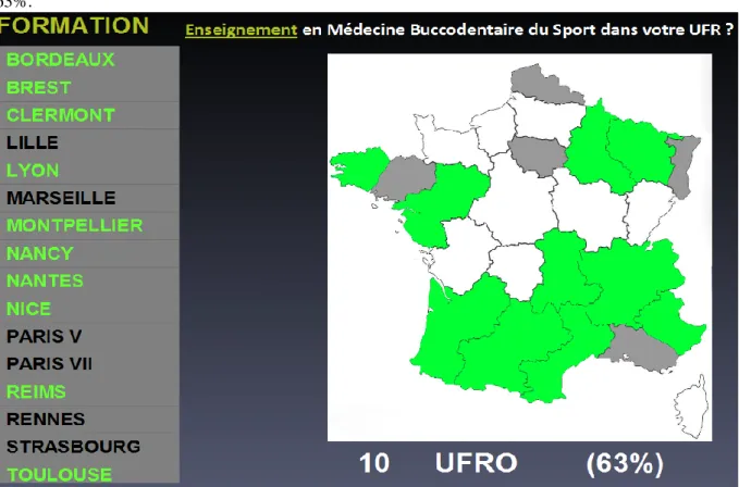 Figure 1:Carte des de France des UFR proposant une formation en médecine buccodentaire du sport 