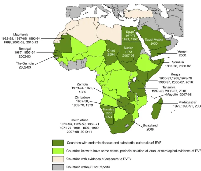 Fig 1. Geographical distribution of Rift Valley fever. The years indicate when the disease was detected in individual countries
