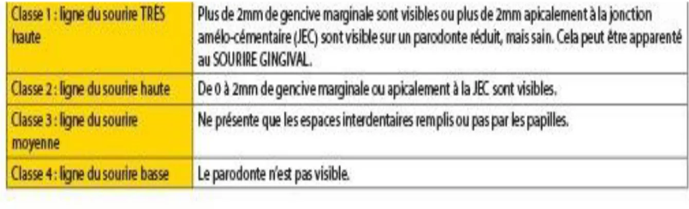 Figure 2 : Tableau de la classification de la ligne du sourire par Liébart et collaborateurs 2004 