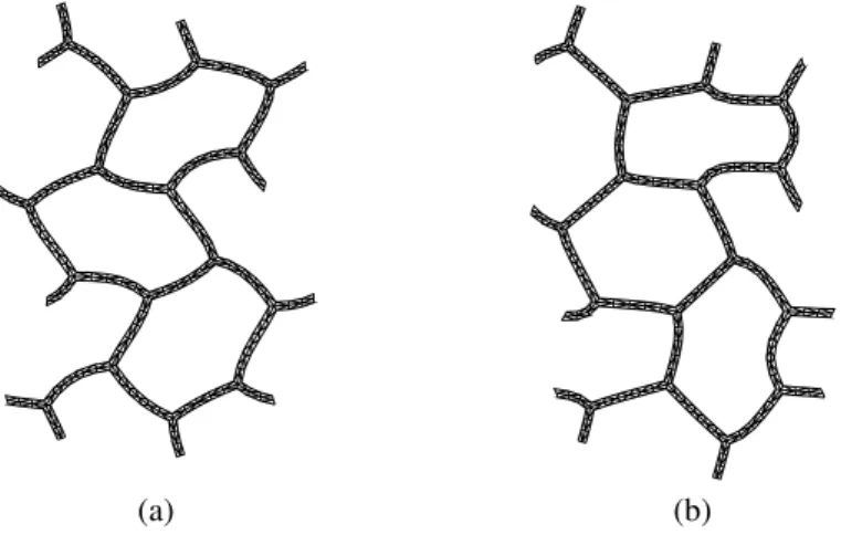 Figure 12. Buckling of the cell walls due to the vertical compression: (a) elastic buckling and (b) elasto–plastic buckling