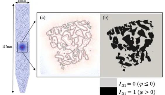 Fig. 2 Computational domain. Left Eppendorf tube filled with PBS and the scaffold. a Iso-levels of ϕ function (thick line represents the CaP interface Γ where ϕ = 0)