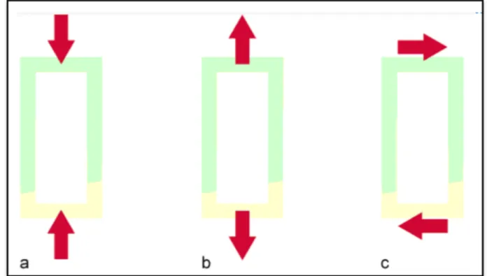 Figure 4 : schématisation des contraintes en traction (a), en compression (b) et en  cisaillement/flexion (c) 