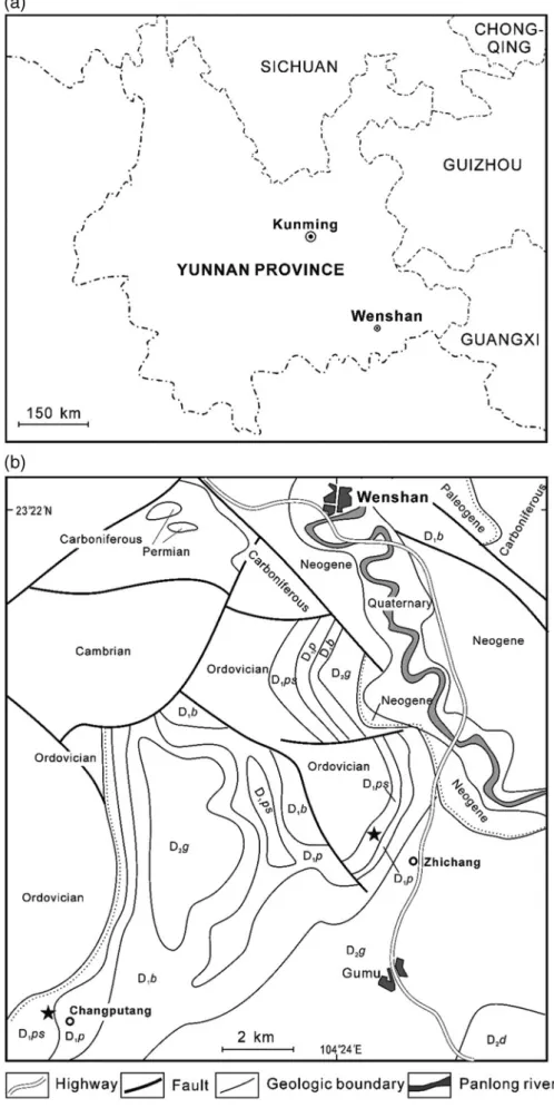 Figure 1 Map showing location of studied section: (a) general view of Yunnan Province (southwestern China) showing position of study area (Wenshan), modiﬁed from Hao &amp; Xue (2013, ﬁg