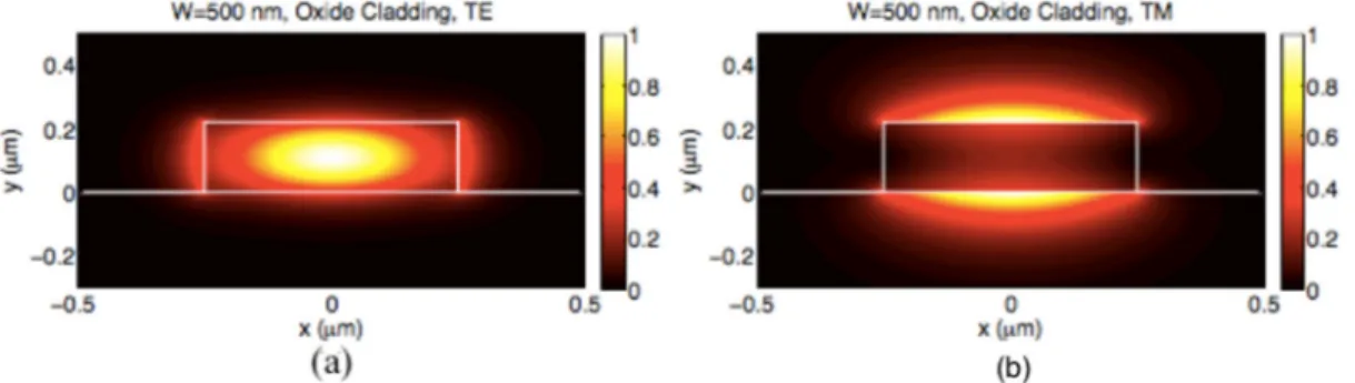 Fig 1.5. Représentation du mode fondamental du champ électrique pour un guide d’onde de silicium  de 500 nm de largeur avec gaine d’oxyde