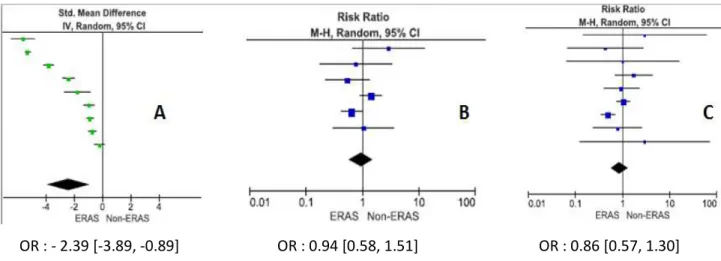 Figure 10 : Forest plots comparant les effets de la RAAC versus une prise en charge classique sur :   A