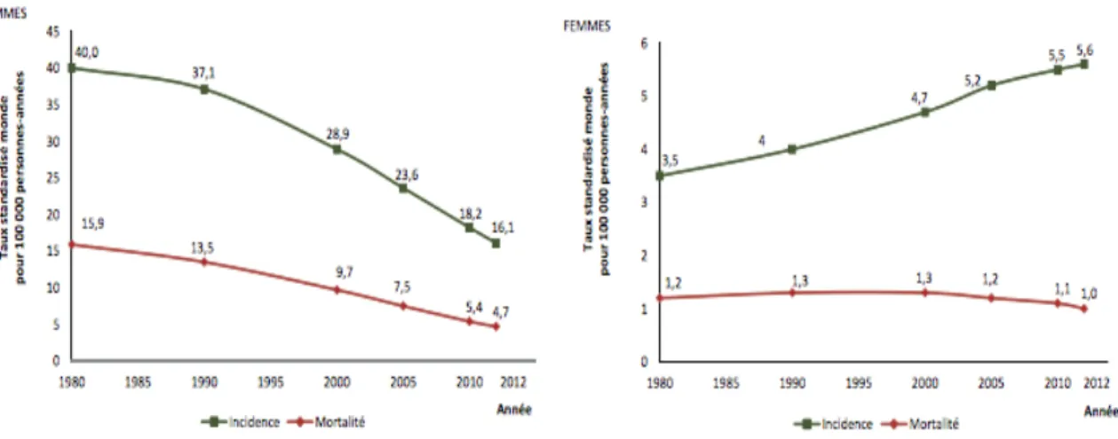 Figure 2 : Evolution de l’incidence et de la mortalité des cancers Lèvres-Bouche-Pharynx de 1980 à 2012 selon le sexe en  France métropolitaine (5) 