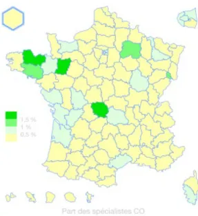 Figure 4 :  Cartographie de la démographie des chirurgien oraux en France ONCD(30) 
