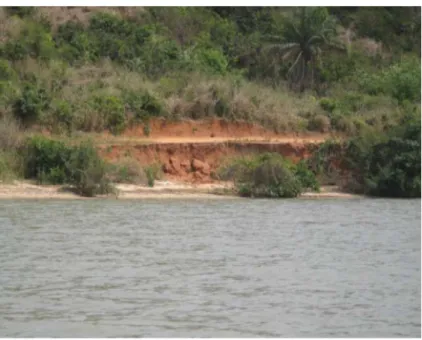 Figure 5.2  Erosion avancée des berges du lac Ahémé à Houédjro, rive Atlantique, obstruant presque la piste déserte longeant le plan d'eau[66].