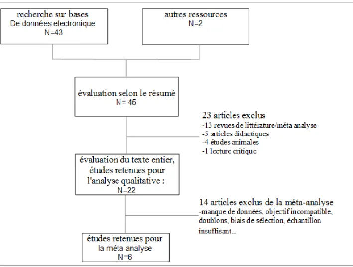 Fig 1:stratégie de recherche et résultats de l’identification et inclusion des publications pour la méta-analyse et la revue de littérature.