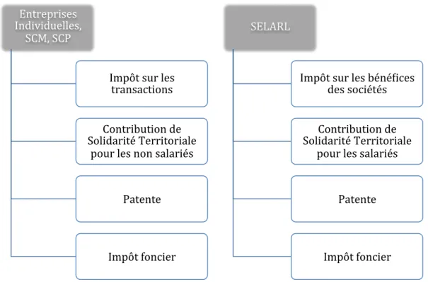 Figure 6 : Détail des différents impôts selon la structure juridique (Illustration de l'auteur)  Les différents impôts sont expliqués ci-après de manière accessible