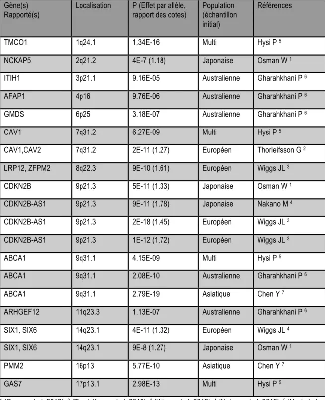 Tableau 1.6 Études d’association pour l’ensemble du génome sur le GAO primaire  Gène(s) 