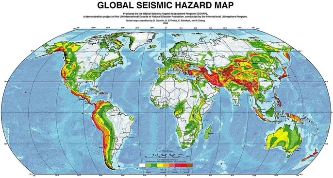 Figure 1.1.b. Les zones de séismicité élevée se trouvent aux lignes inter – plaques (seismic hazard =  alea sismique)