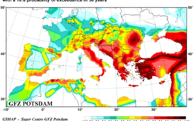 Figure 1.3. Zonation sismique européenne en accélération maximale a g   ( PGA) en  m/s 2 