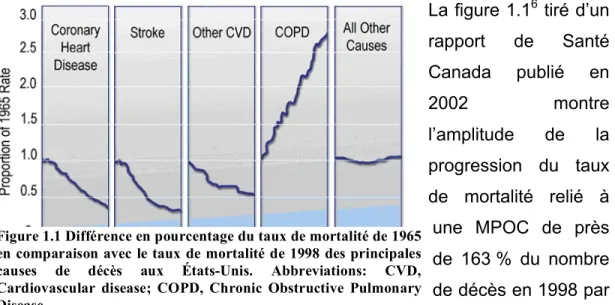 Figure 1.1 Différence en pourcentage du taux de mortalité de 1965  en comparaison avec le taux de mortalité de 1998 des principales  causes de décès aux États-Unis