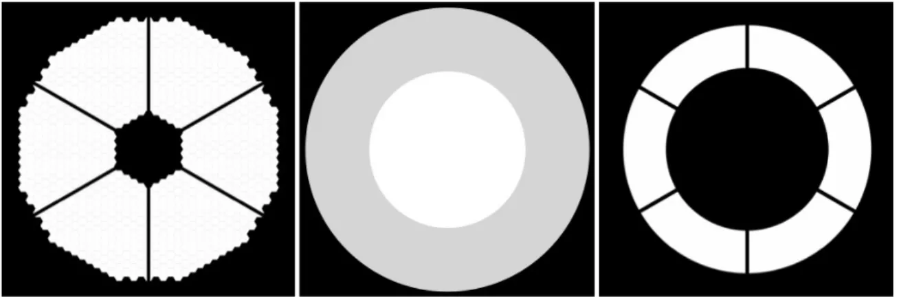 Figure 9. The telescope pupils used in the RAVC design. From left to right: the ELT input pupil, the grey apodizer placed at CFO-PP1, and the Lyot stop at LMS/LM/NQ-PP1