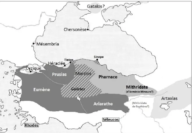 Figure 4 : La guerre entre Eumène II, Prusias II, Ariarathe IV et Pharnace et  Mithridate (182-179) 