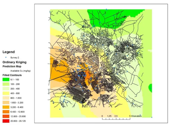 Figure 2. Répartition des teneurs en cuivre (mg.kg -1 ) des sols dans la ville de Lubumbashi et de ces alentours