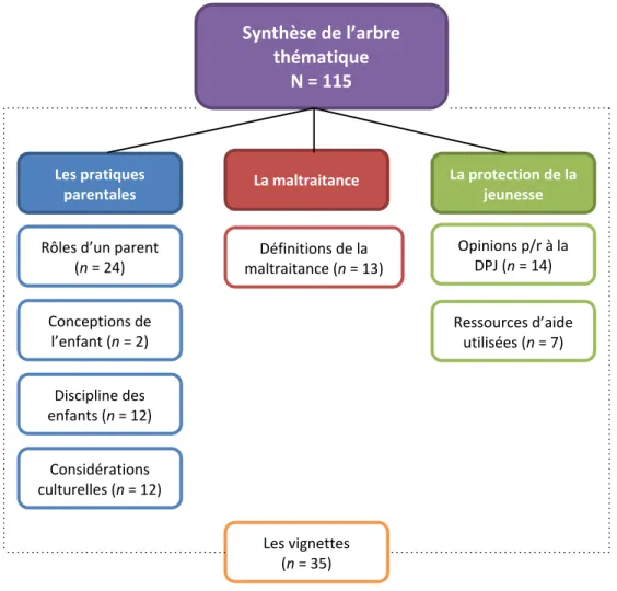 Figure 5. Synthèse des catégories retenues suite aux analyses et le nombre de codes associés.