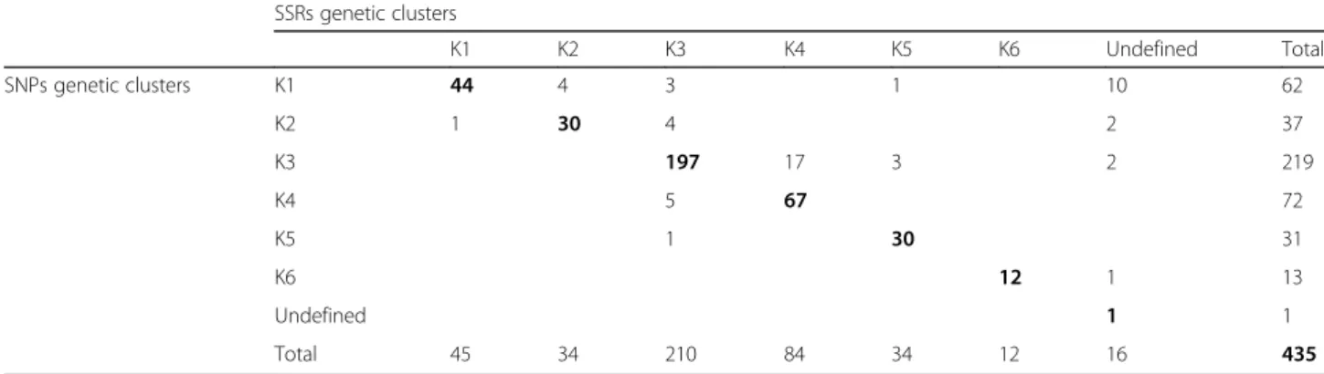 Table 1 Number of individuals assigned to each cluster at q = 0.50 for SNP and SSR analyses