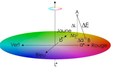 Figure  8  :  représentation  dans  l’espace  CIE  L*a*b*  du  calcul  de  la  différence  de  couleurs  ΔE  entre  2  points colorés A et B (source : E