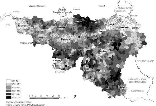 Figure 4. The mapping the commute-energy performance index for home-to-work travel (in  kWh/person.travel at the neighbourhood scale shows the variation of the transportation energy 