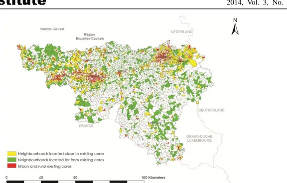 Figure 5. The urban and rural cores (in red), suburban neighbourhoods that are near an  urban/rural core (in yellow) and suburban neighbourhoods that are far from the existing cores 