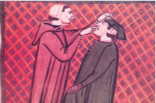 Figure n°4     : Examen de la bouche par un moine chirrurgien de Theoderico da Borgognoni (1205-1298)  extrait de « L'art dentaire à travers la peinture », ACR édition, 1986, page 60