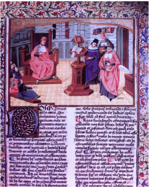 Figure n°9     : Chirurgie, France 1461 ici Guy de Chauliac assis sur sa chaire devant Galien, Avicenne et Hippocrate  extrait de « L'art dentaire à travers la peinture », ACR édition, 1986, page 59