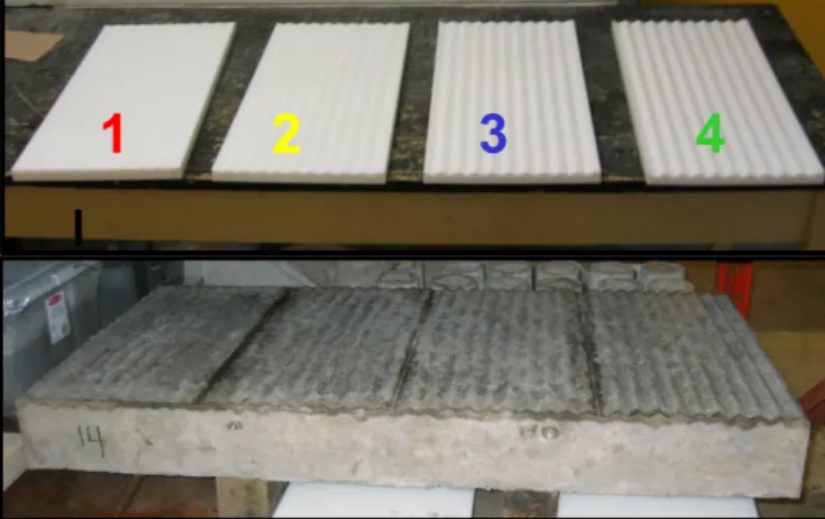 Figure 1. V-shape rippled acrylic dies and resulting profiled slab. 