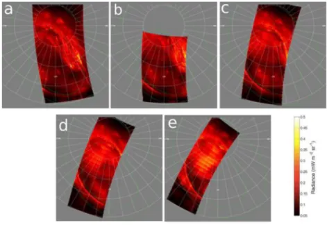 Fig. 1. Five polar orthographic projections from composite images obtained by integrating observations by the UVS instrument over time  intervals (see Table 1  )