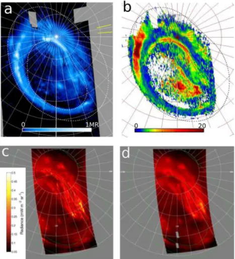 Fig. 4. Auroral projections of co-added images between 9:54:24 and 10:06:42. (a): FUV H  2 emission; b: FUV color ratio; c: native resolution JIRAM image; d: smoothed  JIRAM image