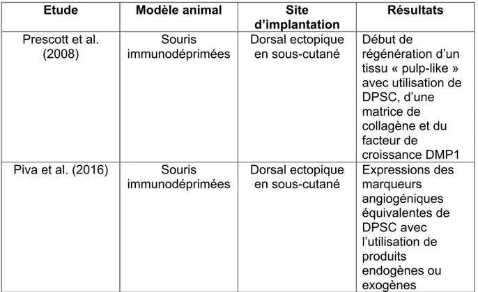 Tableau 2 : Comparaison des résultats des études expérimentales concernant les  différents composants de la régénération pulpaire 
