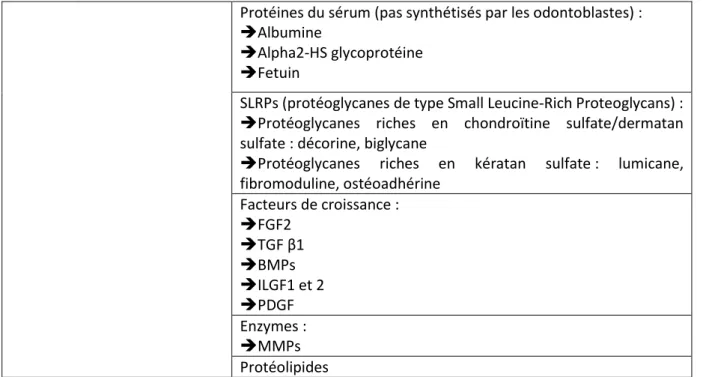 Tableau 1: Les différentes protéines non collagéniques de la matrice organique de la dentine  Les  PNC  ont  un  rôle  crucial  dans  la  minéralisation  dentinaire car  elles  sont  impliquées  dans  l’initiation, la croissance et l’équilibre de la phase 