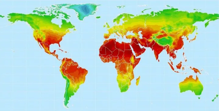 Figure 16: Carte des température du monde (en rouge les pays les plus chauds), Climate Research Unit, Univ