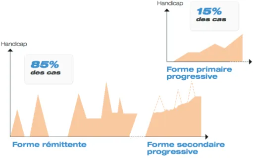 Figure 5 : Evolution du handicap au cours du temps dans les différentes formes de SEP (AFSEP 2011)