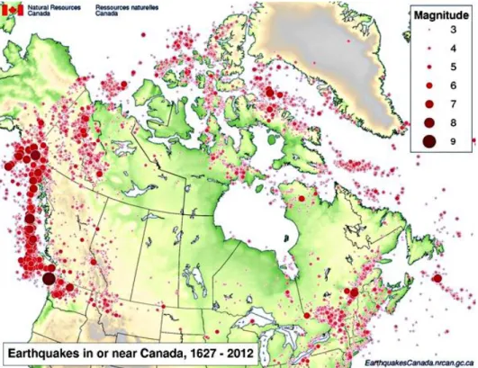 Figure 1.2. Historical and instrumental earthquakes in or near Canada between 1627 and  2012 (source:  http://www.earthquakescanada.nrcan.gc.ca/historic-historique/caneqmap-eng.php, accessed: June 18, 2015)