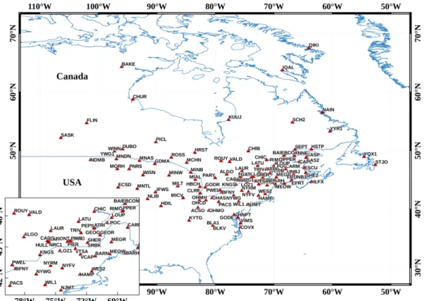 Figure 2.2. Spatial distribution of the selected CGPS stations. Stations have maximum spatial density over the  Saint Lawrence River valley and are shown with a larger scale in the lower-left inset