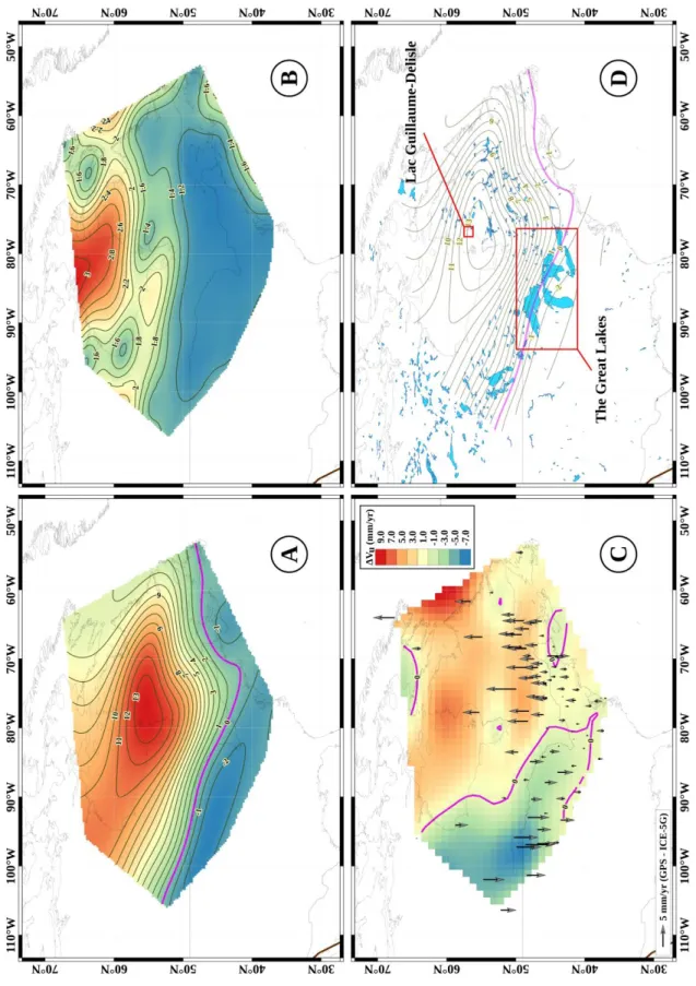 Figure 2.5. (A) The GPS-derived model of the vertical deformation for eastern North America and  (B) corresponding one-sigma uncertainties, (C) the misfit of the GPS-derived model with respect to the  ICE-5G VM2 model, (D) representation of the interpolate