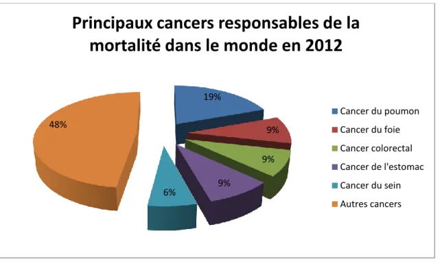 Figure 2.  Principaux cancers responsables de la mortalité dans le monde en 2012 (3) 
