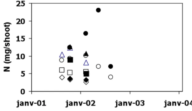 Fig  7:  Temporal  evolution  of  the  N  and  P  concentrations  in  organs  of  P.  oceanica  (circle: leaf; triangle: rhizome; rhomb: scale; square: root) transplants (open characters)  and of reference shoots (black circles)