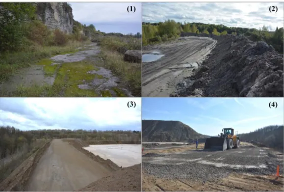 Fig. 1.17 (17) Photographies des 3 sites de carrière calcaire sélectionnées dans le chapitre 4  (photos  1  à  2)  et  5  (photos  3  à  4),  pour  la  mise  en  place  des  expériences  de  restauration  active  de  zones  dénudées  de  carrière  calcaire