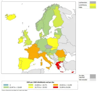 Figure 1 : Consommation totale en ville des antibactériens à usage systémique, exprimée en  DDJ/1000H/j, en Europe, en 2016 (6)   
