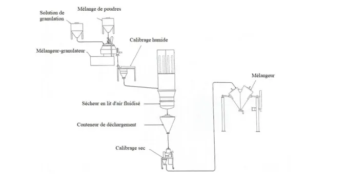 Figure 1 - Schéma d'un procédé de granulation humide (adapté de Mélangeur-granulateur et lit d'air fluidisé en procédé  intégré (6))