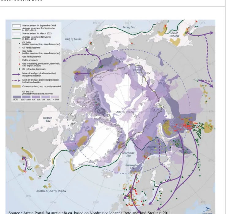 Figure 8: Extension du couvert glaciel en Arctique et les principales zones d'hydrocarbures et de  sites miniers, 2011 